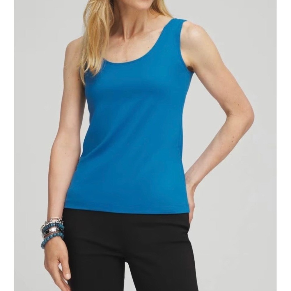 Chicos Travelers Teal Blue Scoop Neck Tank Top Size 3 Made in USA Stretch L XL